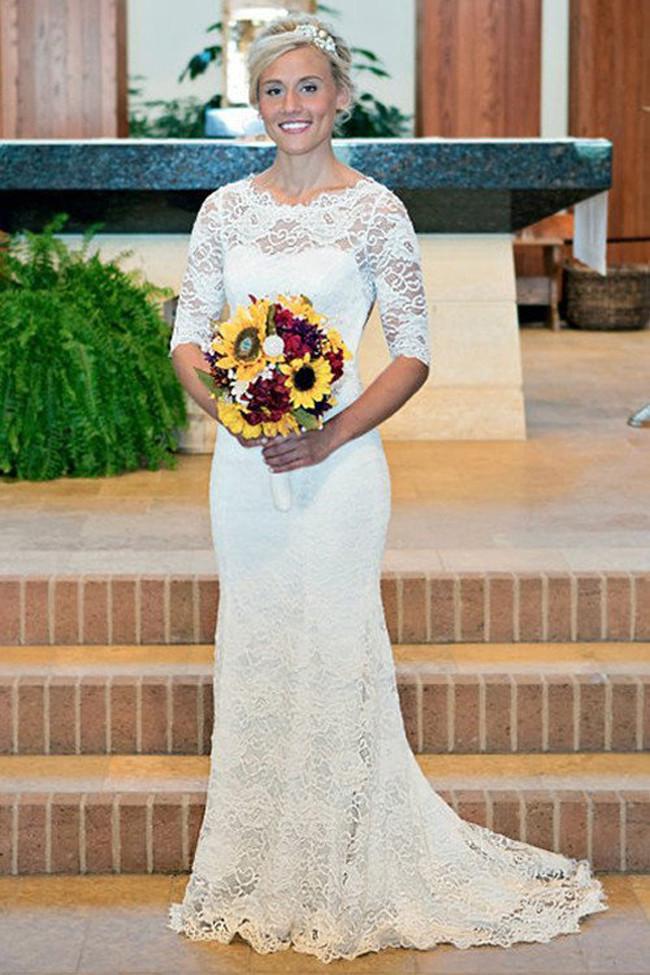 Baoleely White Lace Open Back Long Sleeve Mermaid Long Wedding Dresses, MW187