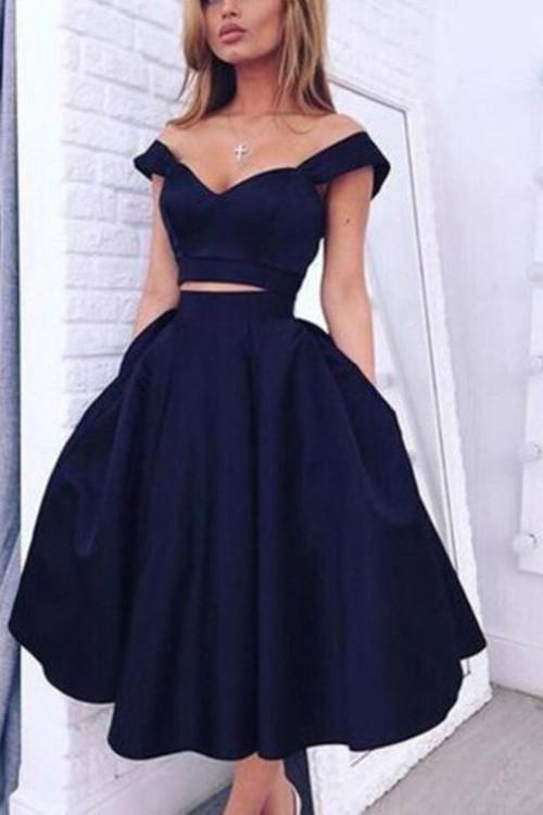 Elegantes vestidos cortos de dos piezas azul marino oscuro con hombros descubiertos para fiestas de bienvenida 