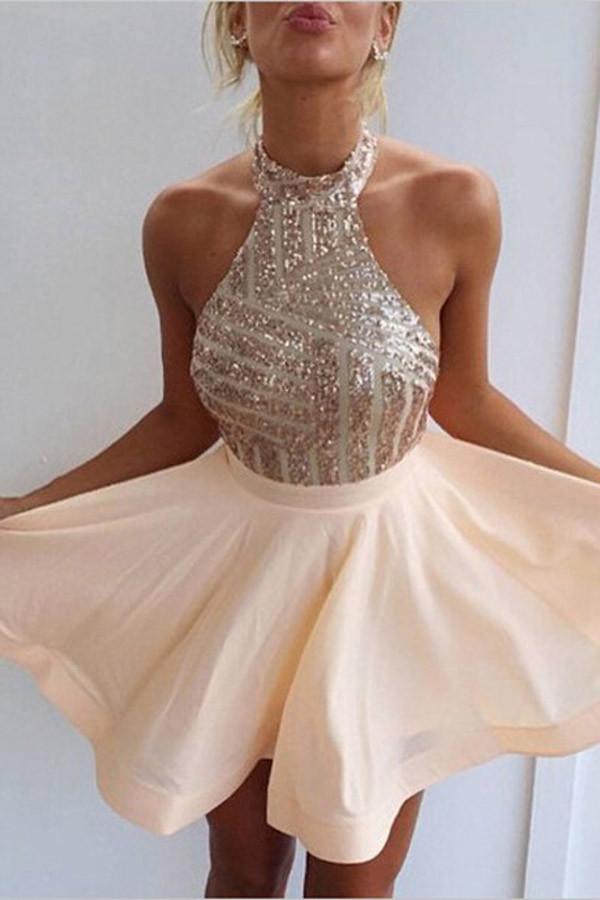 Robe de bal courte élégante à dos nu et col halter, robe de soirée ornée de perles 
