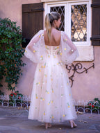 Vestido largo de tul con escote corazón y encaje bordado