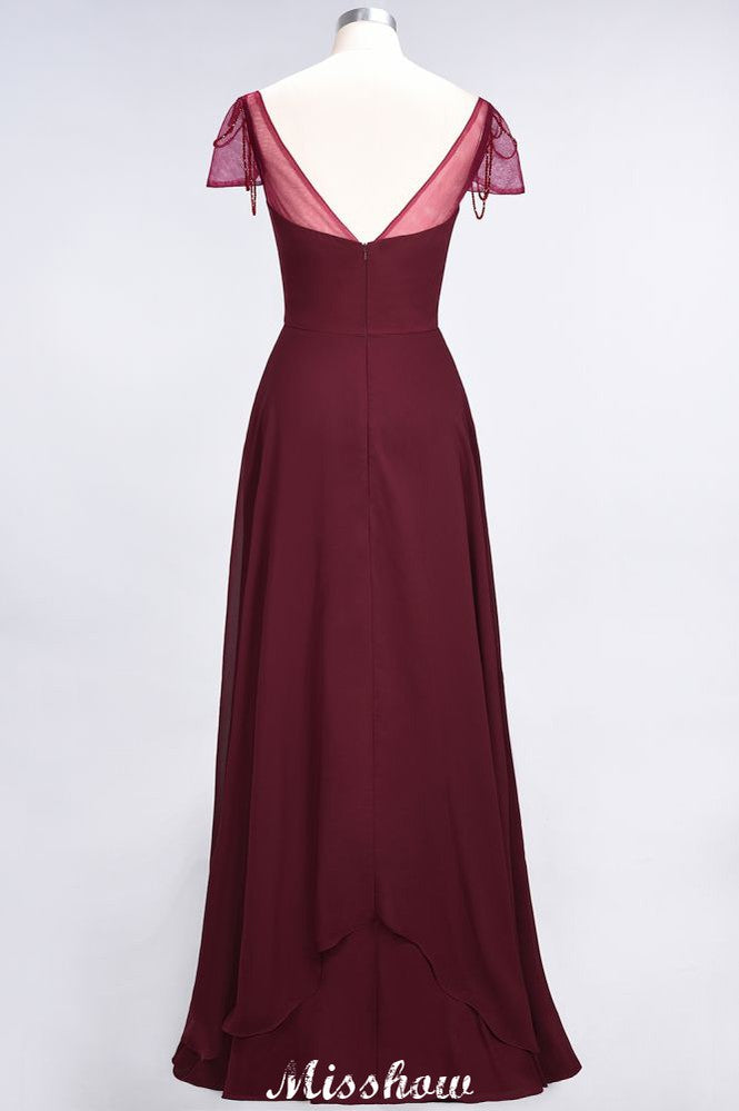 Robe de demoiselle d'honneur longue à manches courtes et volants, ornée de perles, avec décolleté en cœur. Robes de la mère de la mariée