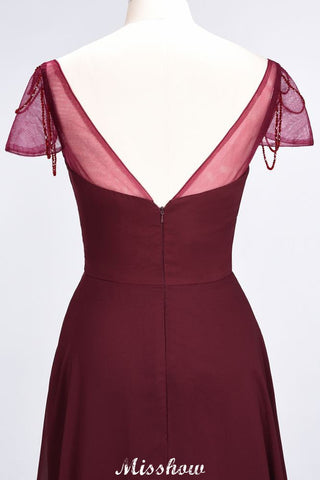 Vestido de dama de honor largo hasta el suelo con escote corazón, mangas cortas, volantes y pedrería. Moher if the Bride Dresses