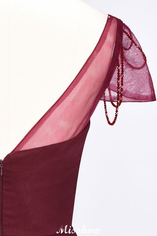 Vestido de dama de honor largo hasta el suelo con escote corazón, mangas cortas, volantes y pedrería. Moher if the Bride Dresses