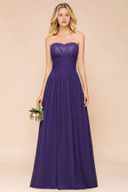Vestido de dama de honor de gasa con escote corazón, estilo jardín, sin tirantes