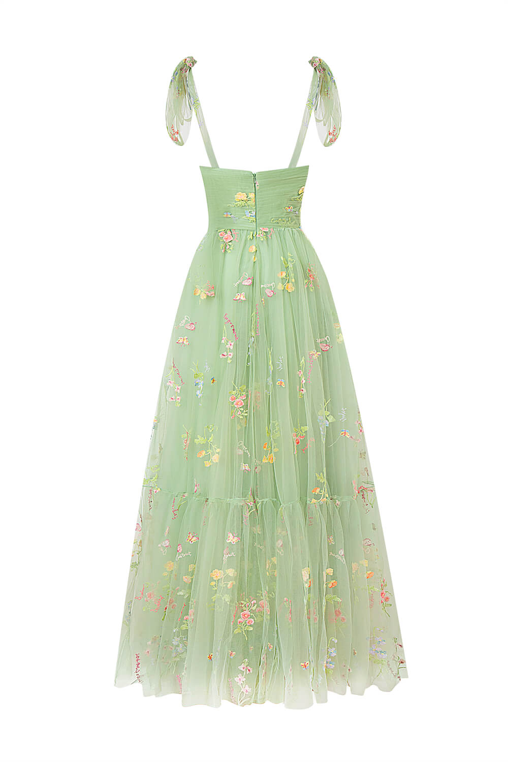 Vestido de fiesta largo hasta el suelo con escote corazón, tul y bordado floral