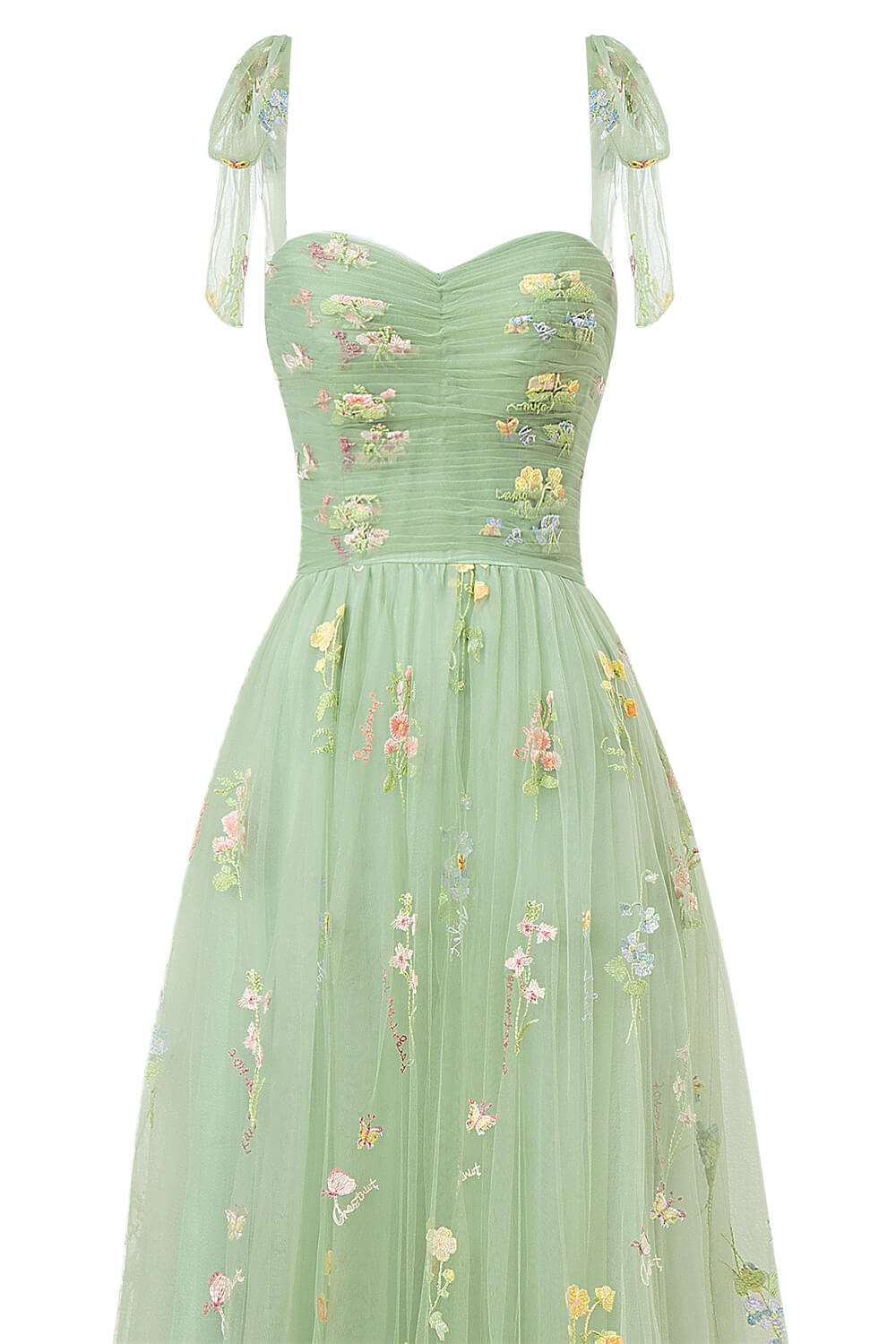 Vestido de fiesta largo hasta el suelo con escote corazón, tul y bordado floral