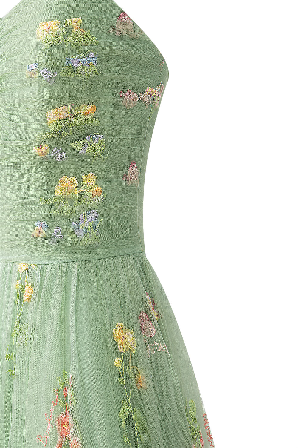 Vestido de fiesta largo hasta el suelo con escote corazón, tul y bordado floral