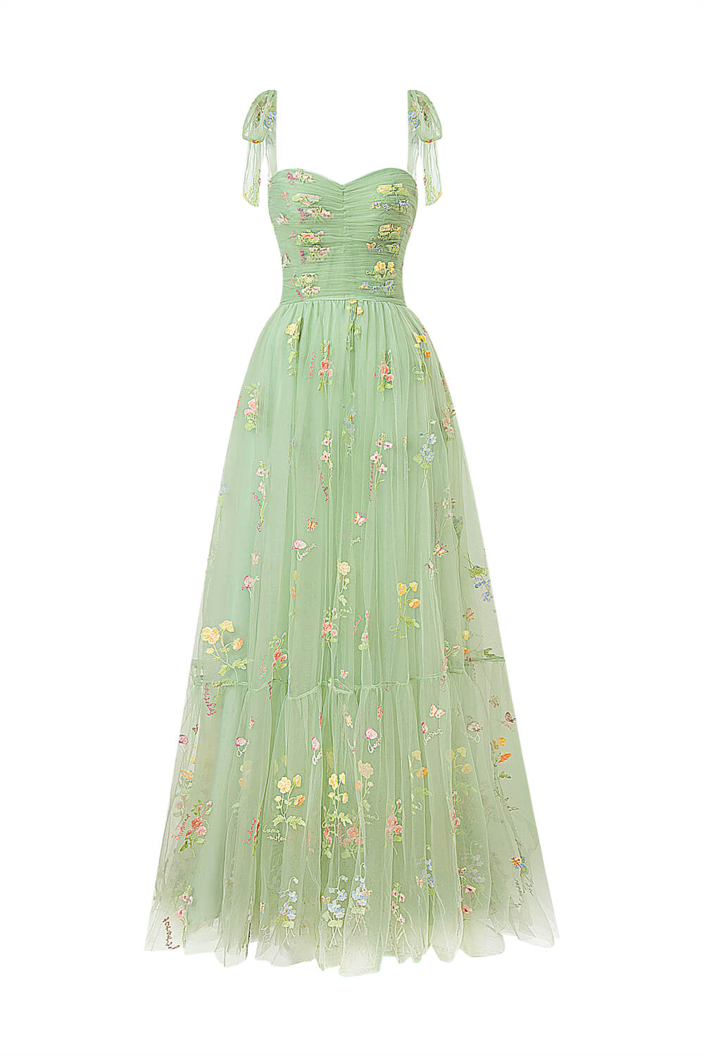 Vestido de fiesta largo hasta el suelo con escote corazón, tul y bordado floral