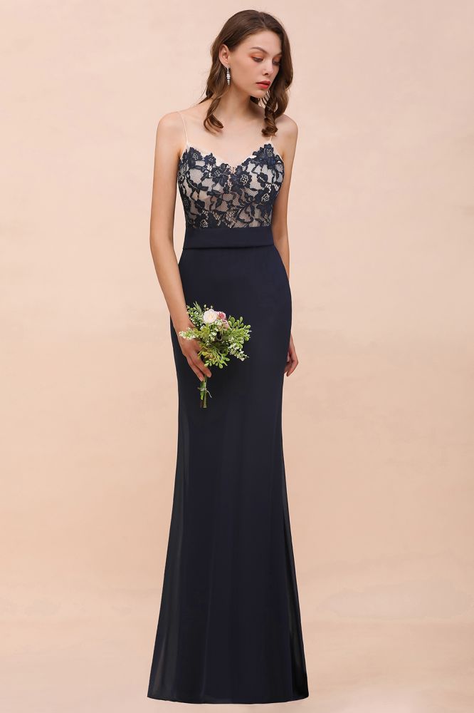 Vestido de dama de honor estilo sirena floral con escote corazón, sin mangas, azul marino, para fiesta formal.