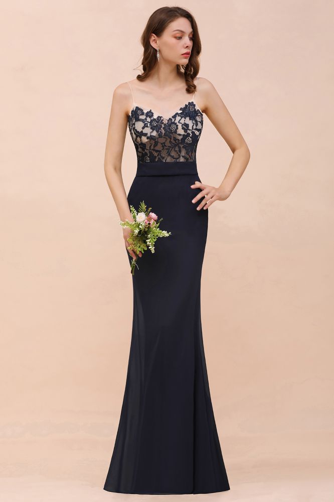 Vestido de dama de honor estilo sirena floral con escote corazón, sin mangas, azul marino, para fiesta formal.