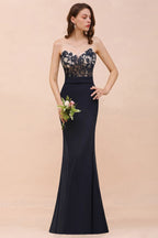 Vestido de dama de honor estilo sirena floral con escote corazón, sin mangas, azul marino, para fiesta formal.