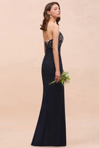 Vestido de dama de honor estilo sirena floral con escote corazón, sin mangas, azul marino, para fiesta formal.