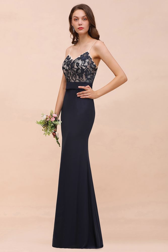 Vestido de dama de honor estilo sirena floral con escote corazón, sin mangas, azul marino, para fiesta formal.