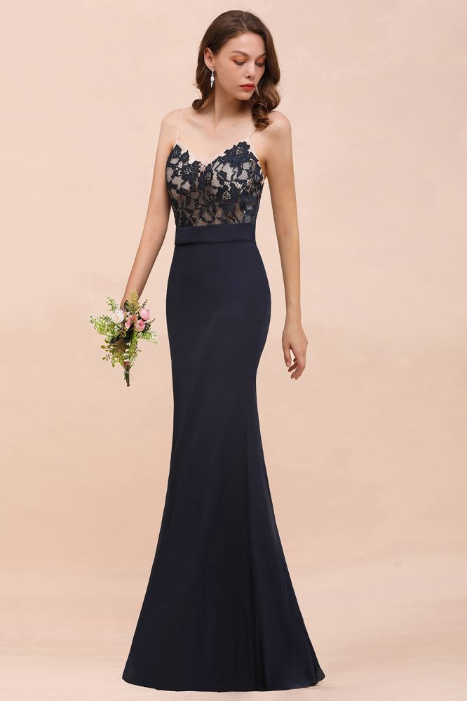 Vestido de dama de honor estilo sirena floral con escote corazón, sin mangas, azul marino, para fiesta formal.