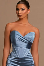 Robe de bal sirène longue en satin bleu poudré à décolleté cœur