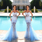 Robe de bal sirène longue en dentelle sans manches avec décolleté cœur et traîne