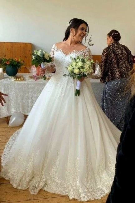 Vestidos de novia de tul corte A, escote corazón, manga larga, con encaje