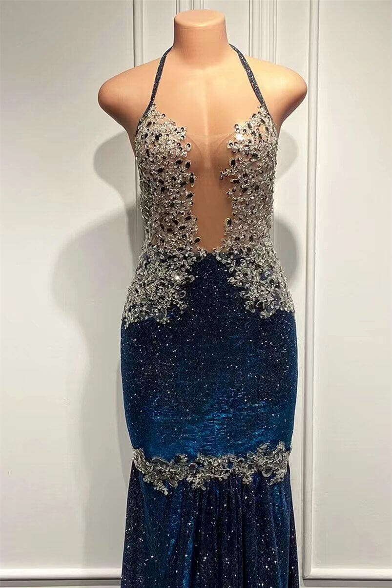 Sweetheart Mermaid Prom Dress in Royal Blue Halter Style with Appliques Beads