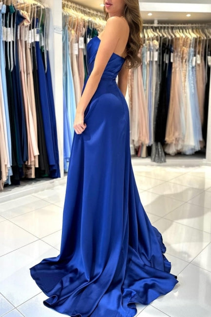 Vestidos de noche largos, modestos, azul real, sin mangas, con escote corazón y abertura, disponibles en línea.