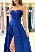 Vestidos de noche largos, modestos, azul real, sin mangas, con escote corazón y abertura, disponibles en línea.