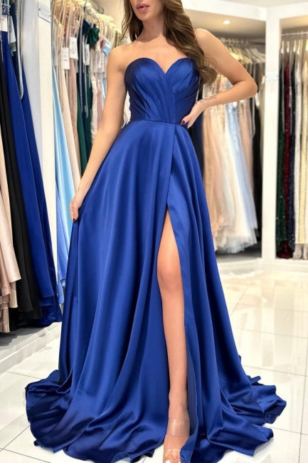 Vestidos de noche largos, modestos, azul real, sin mangas, con escote corazón y abertura, disponibles en línea.