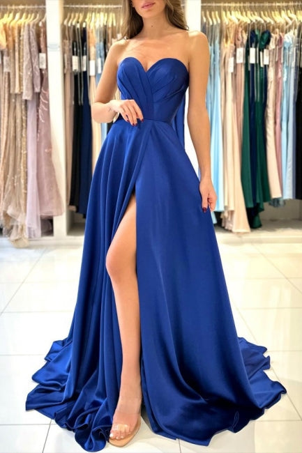 Vestidos de noche largos, modestos, azul real, sin mangas, con escote corazón y abertura, disponibles en línea.