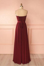 Robe de bal longue bordeaux en mousseline de soie à encolure cœur, modèle PG422