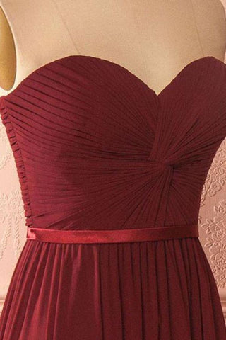 Vestido largo de fiesta de gasa color burdeos con escote corazón, ideal para damas de honor (PG422)