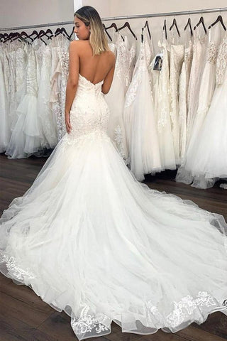 Vestidos de novia de sirena con escote corazón, encaje sexy y volantes WD464