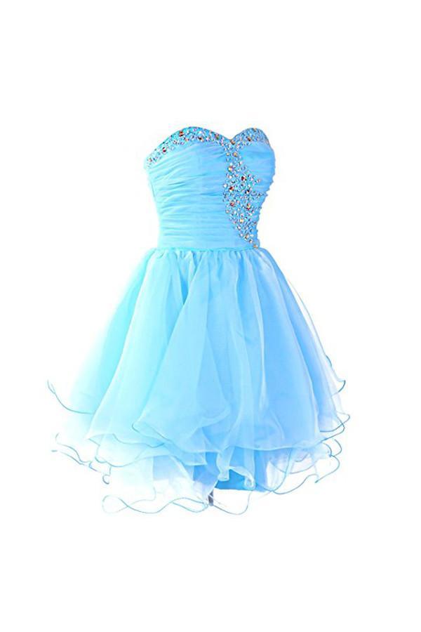 Vestidos de fiesta de bienvenida azules de organza con escote corazón, vestidos de graduación PG054