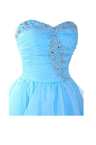 Vestidos de fiesta de bienvenida azules de organza con escote corazón, vestidos de graduación PG054