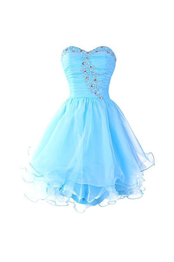 Vestidos de fiesta de bienvenida azules de organza con escote corazón, vestidos de graduación PG054