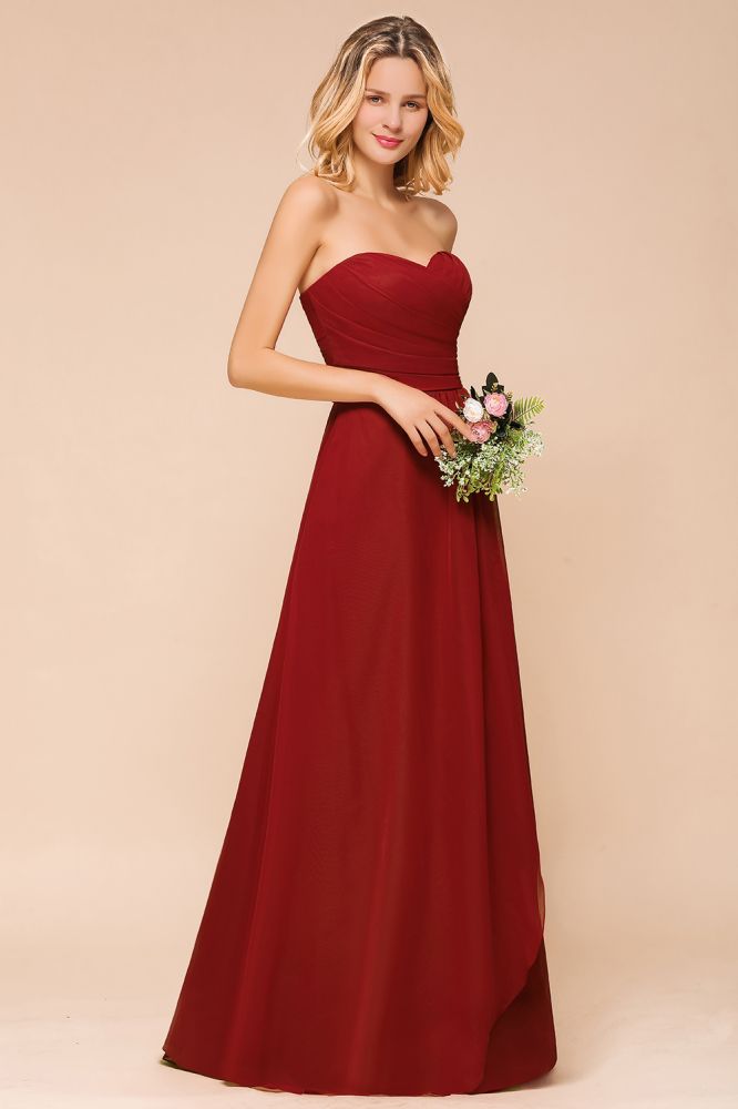 Vestido rojo de dama de honor con escote corazón, de gasa, largo hasta el suelo, para invitada de boda, sin espalda.