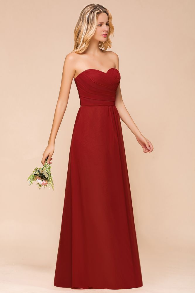 Vestido rojo de dama de honor con escote corazón, de gasa, largo hasta el suelo, para invitada de boda, sin espalda.