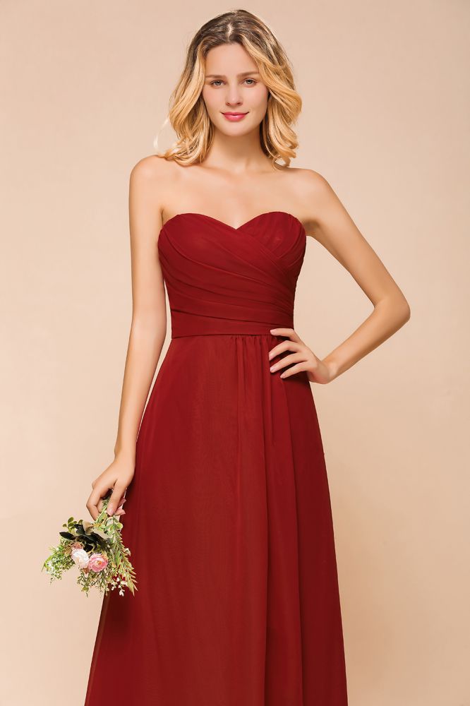 Vestido rojo de dama de honor con escote corazón, de gasa, largo hasta el suelo, para invitada de boda, sin espalda.