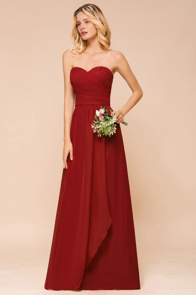 Vestido rojo de dama de honor con escote corazón, de gasa, largo hasta el suelo, para invitada de boda, sin espalda.