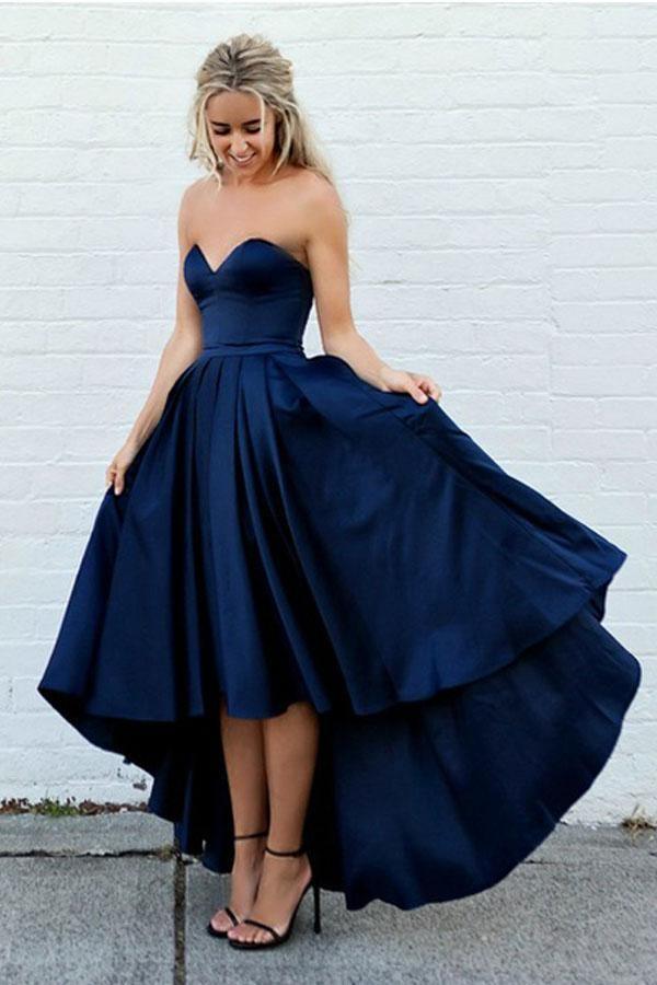 Vestidos de fiesta azul marino con escote corazón y corte asimétrico PD415