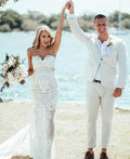 Vestido de novia de playa con escote corazón, corte recto y apliques de encaje WD517
