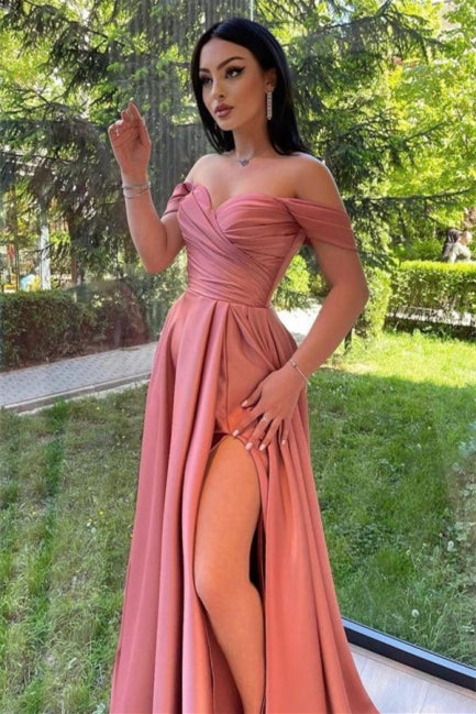 Vestido de fiesta sencillo largo con escote corazón, hombros descubiertos y corte en A con abertura