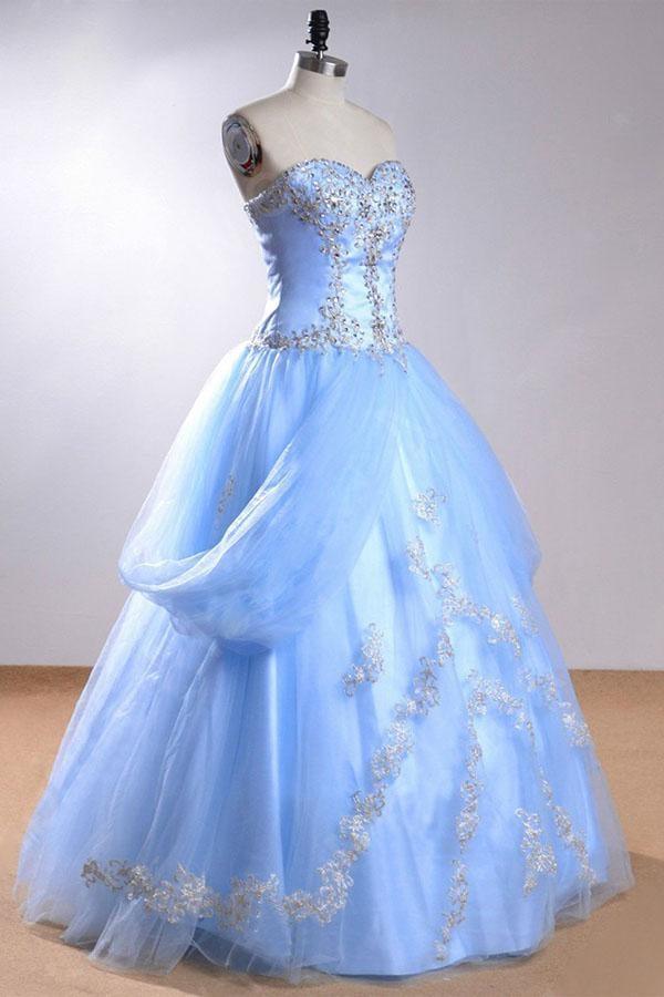 Vestido de novia azul claro con escote corazón y sin mangas, con pedrería WD169