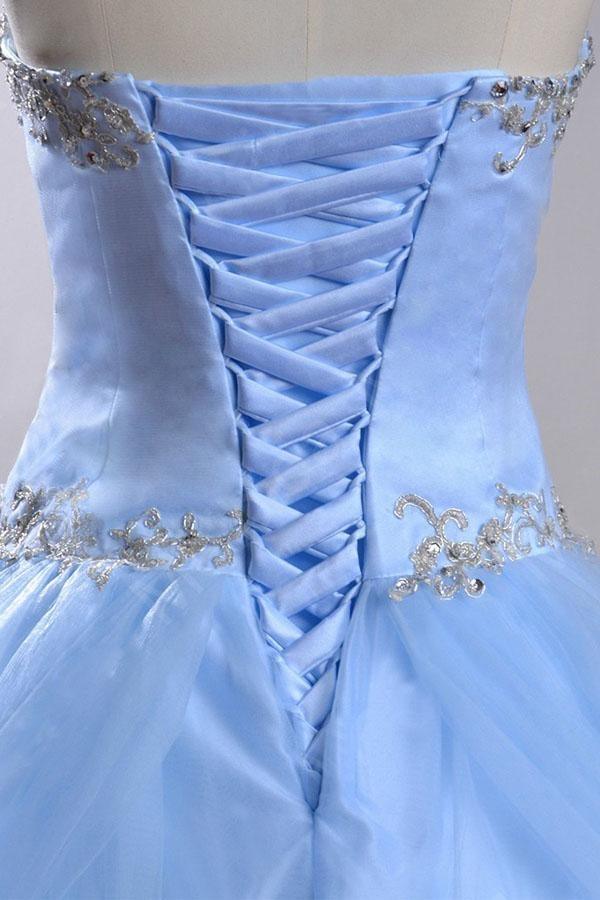 Vestido de novia azul claro con escote corazón y sin mangas, con pedrería WD169