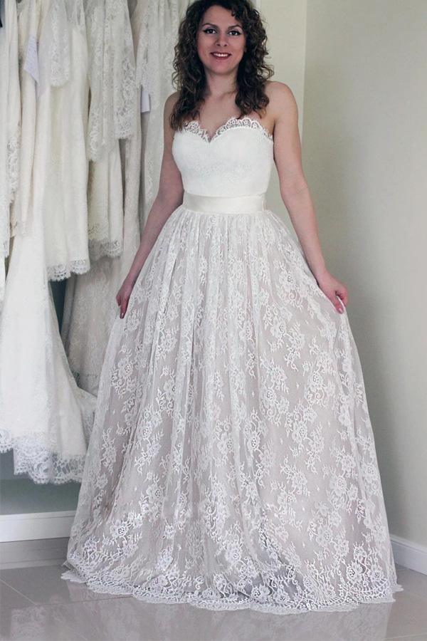 Vestido de novia largo blanco sin mangas con escote corazón y encaje WD053