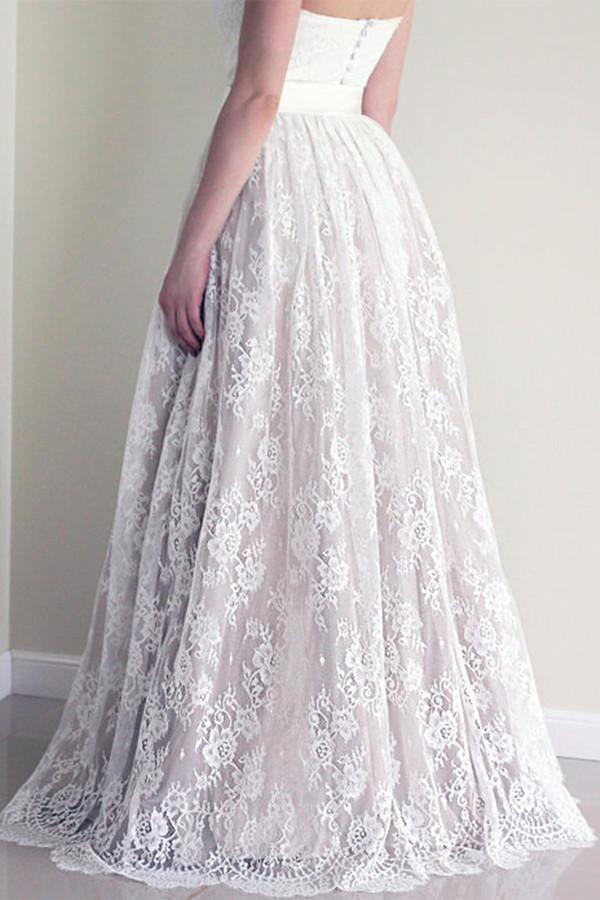 Vestido de novia largo blanco sin mangas con escote corazón y encaje WD053