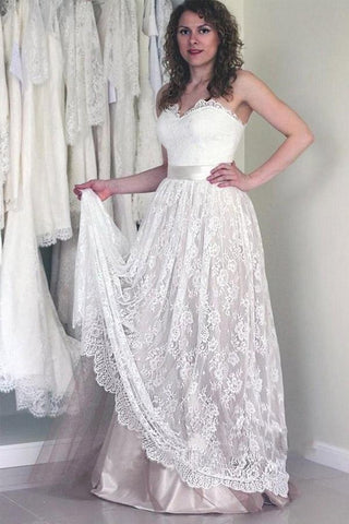 Vestido de novia largo blanco sin mangas con escote corazón y encaje WD053