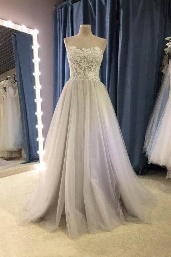 Vestido de novia bohemio corte A sin tirantes con escote corazón, vestido de novia modesto de tul WD427