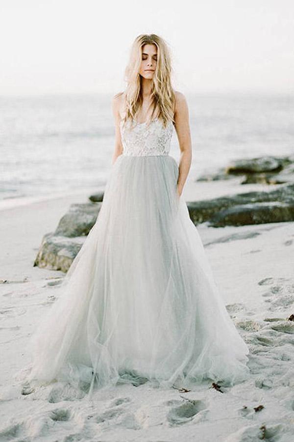 Vestido de novia bohemio corte A sin tirantes con escote corazón, vestido de novia modesto de tul WD427
