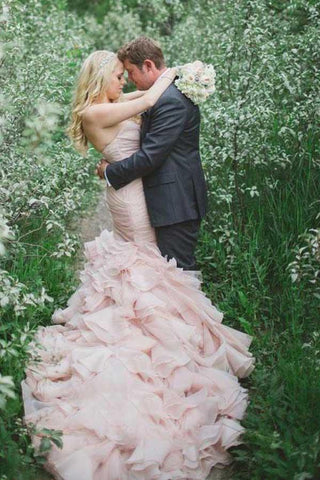 Vestido de novia de sirena de organza con cola escalonada y escote corazón con pedrería WD160