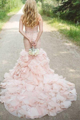 Vestido de novia de sirena de organza con cola escalonada y escote corazón con pedrería WD160