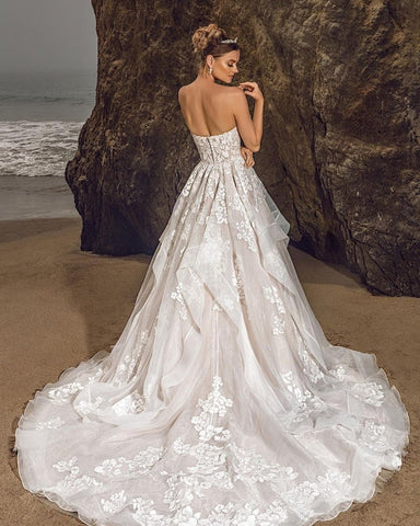 Vestido de novia floral de tul con escote corazón, sin mangas, corte A 