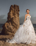 Vestido de novia floral de tul con escote corazón, sin mangas, corte A 